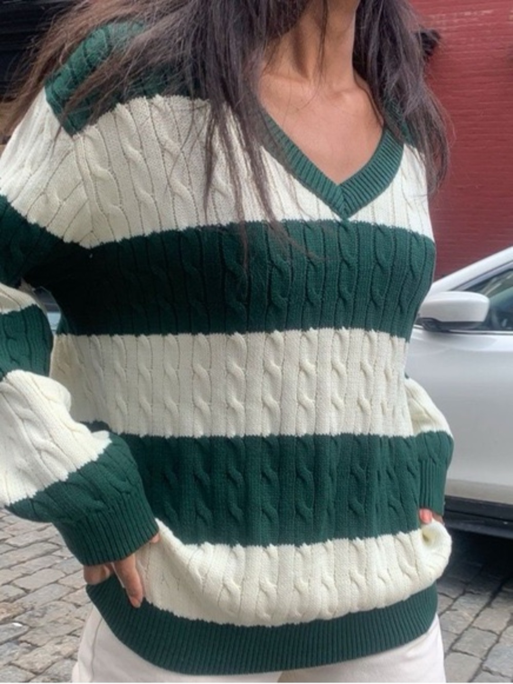 Brandy Melville Green & Cream Striped Cable-Knit V-Neck Sweater